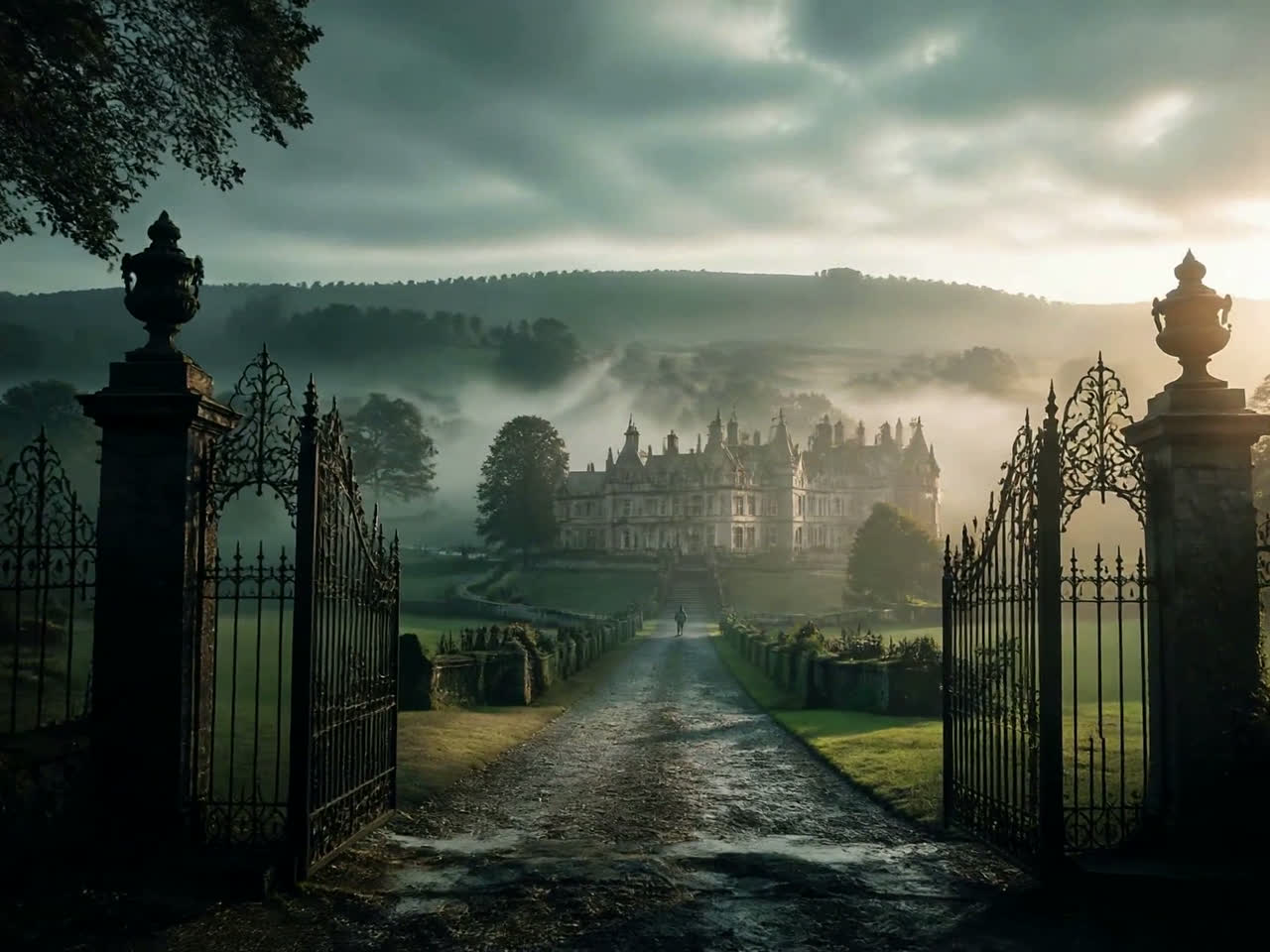 Mist over the gates of a grand estate at first light